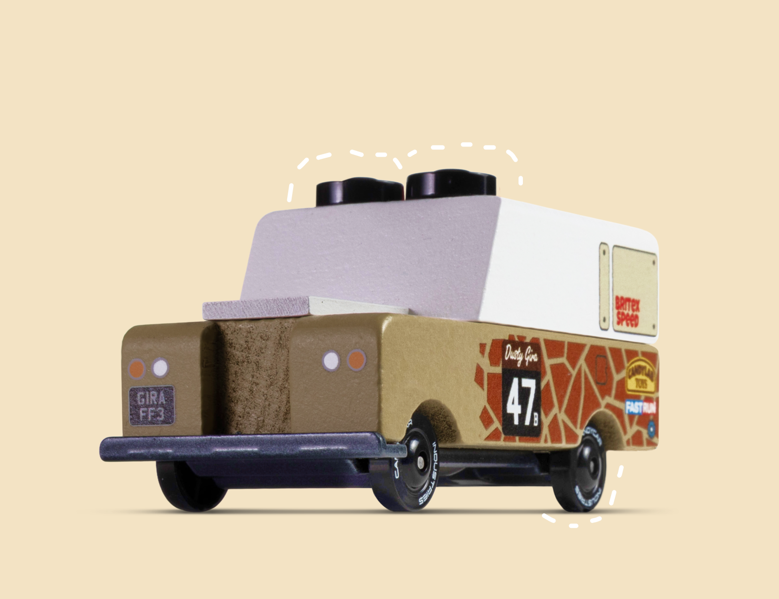 Candylab Toys Safari Gira TOONS Car, a giraffe-print wooden safari truck numbered 47, front angle