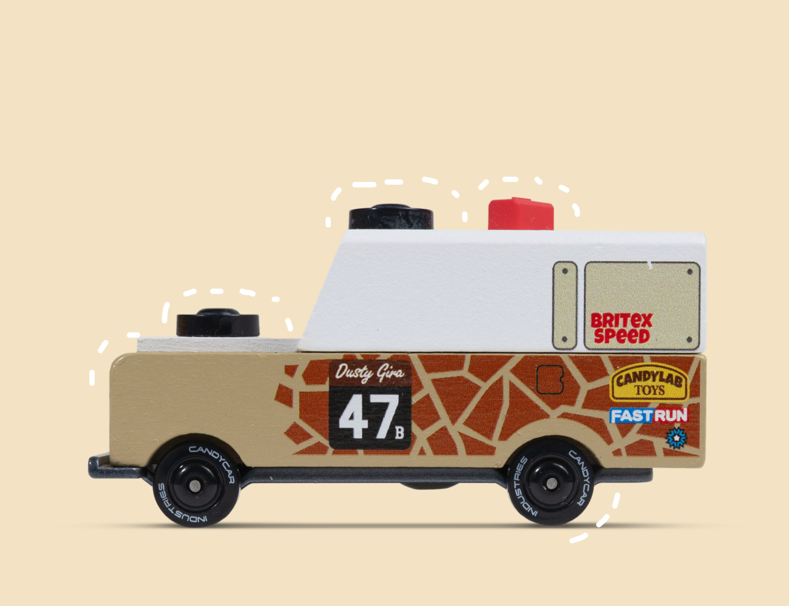 Candylab Toys Safari Gira TOONS Car, giraffe-print wooden safari truck, side view