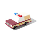 Candylab Toys Sheriff Truck, cream and maroon wooden pickup with a red and blue light bar, front angle