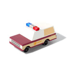 Candylab Toys Sheriff Truck, cream and maroon wooden pickup with a red and blue light bar, front angle