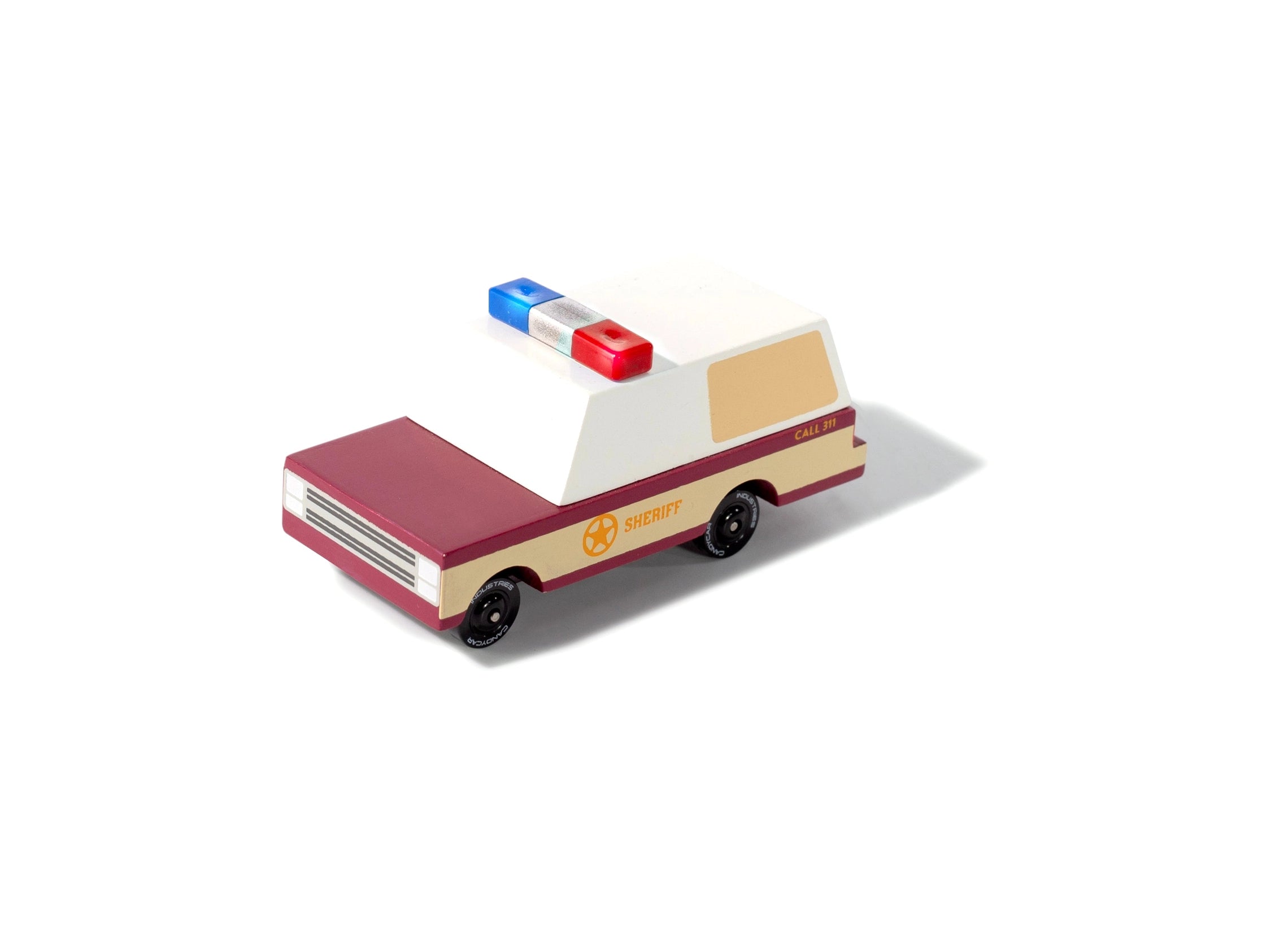 Candylab Toys Sheriff Truck, cream and maroon wooden pickup with a red and blue light bar, front angle