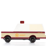 Candylab Toys Sheriff Truck, a cream and maroon wooden pickup with a Sheriff star and red light, side view