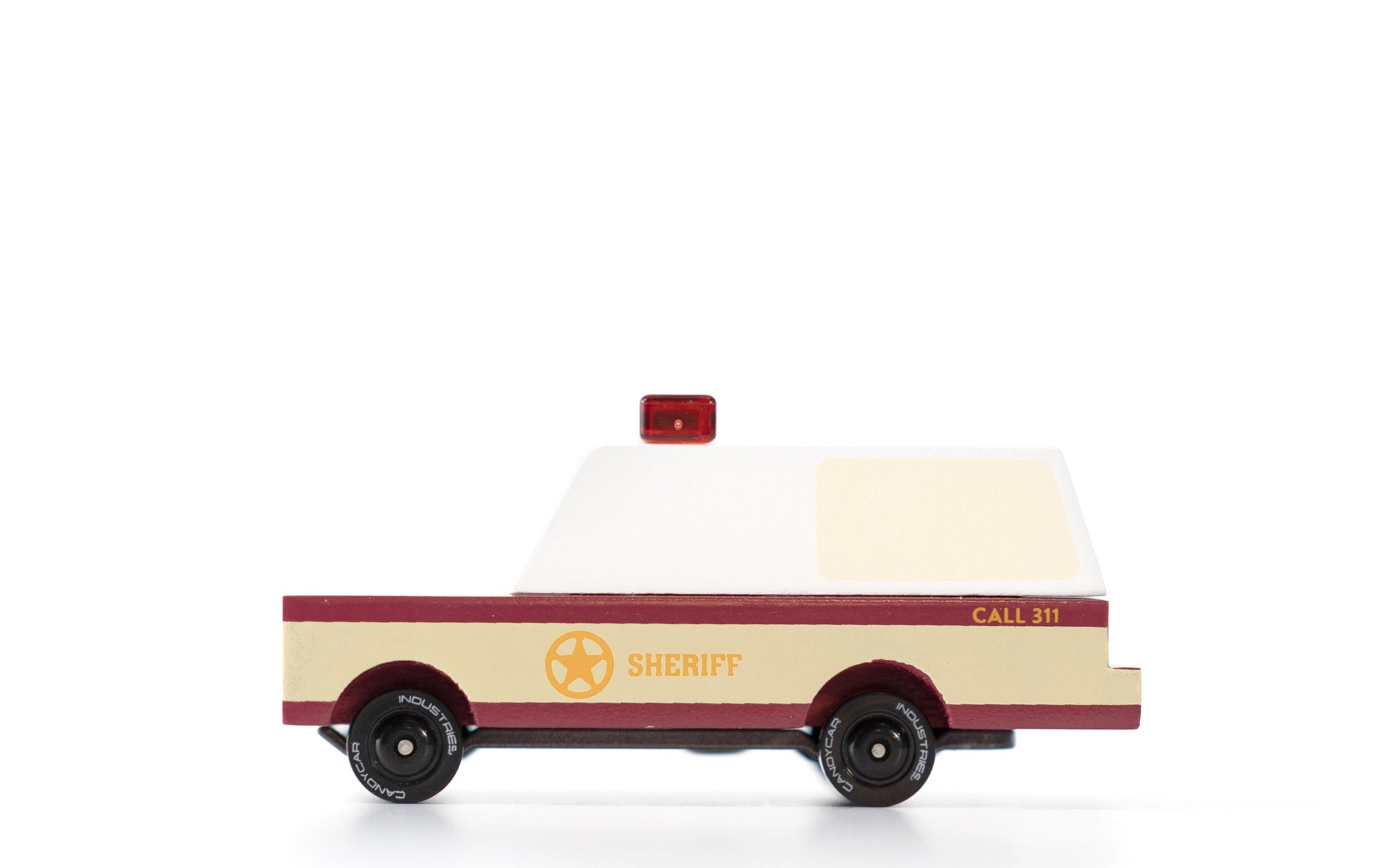 Candylab Toys Sheriff Truck, a cream and maroon wooden pickup with a Sheriff star and red light, side view