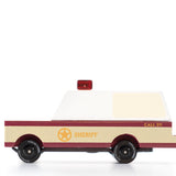 Candylab Toys Sheriff Truck, a cream and maroon wooden pickup with a Sheriff star and red light, side view