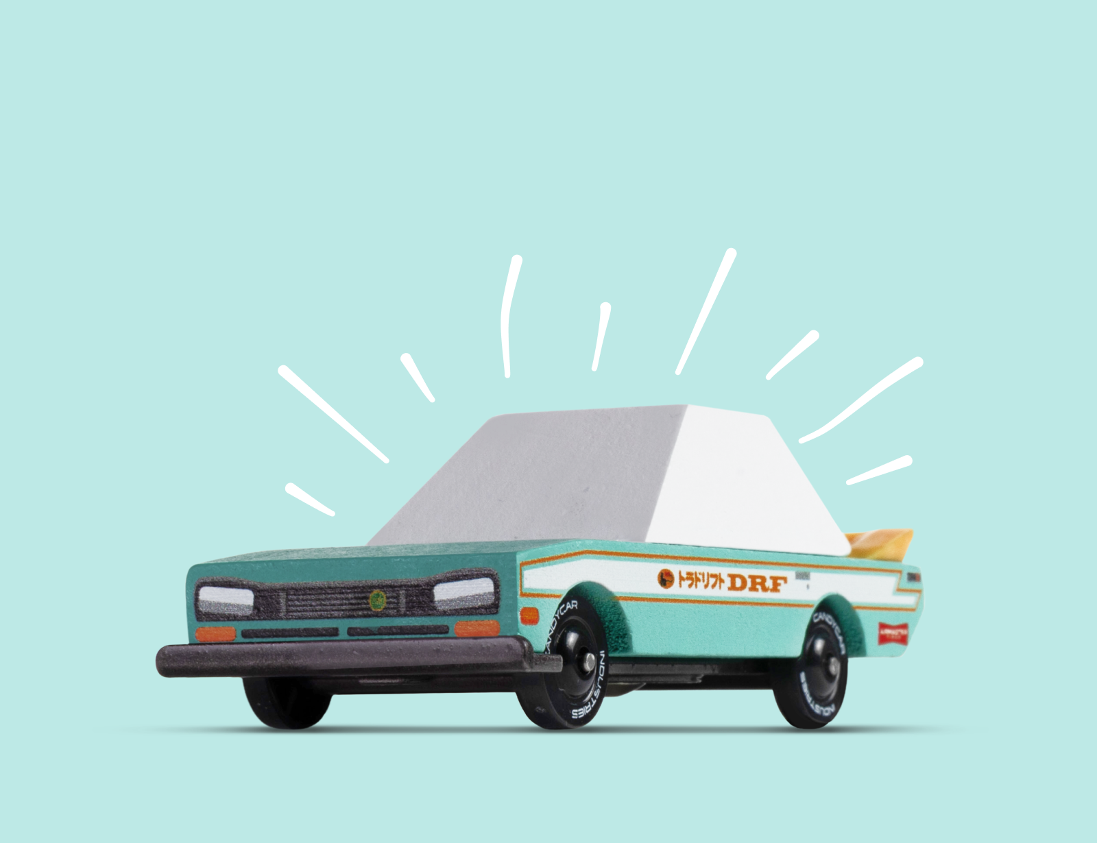 Candylab Toys Tora Drift Teal TOONS Car, a teal and white wooden drift car with racing decals, front angle