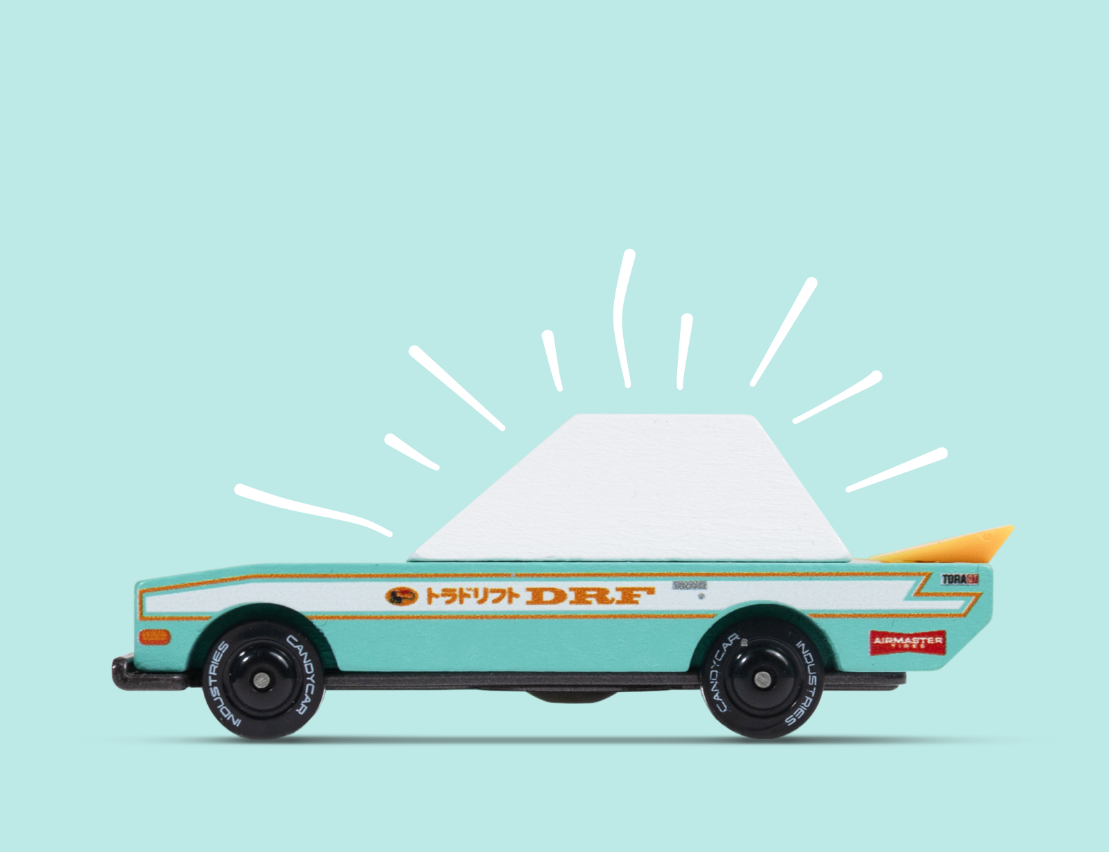 Candylab Toys Tora Drift Teal TOONS Car, teal wooden drift car, side view