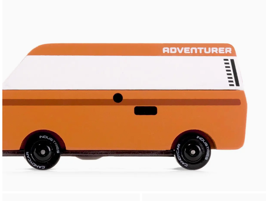 Candylab Toys VW Brown Adventurer, a brown and white wooden camper van, close-up side view