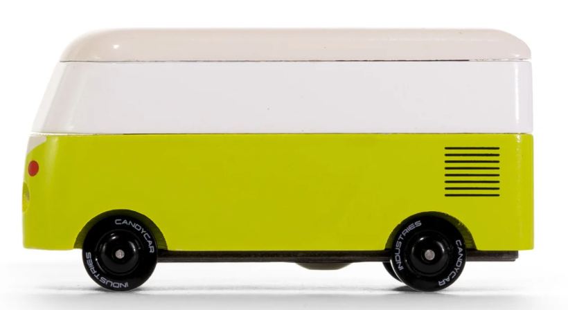 Candylab Toys VW T1 Leafy Green, a lime green and white wooden bus, close-up side view