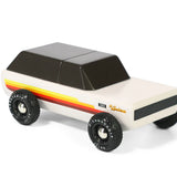 Candylab Toys Wanderer Toy Truck, cream wooden SUV with retro stripes, front angled view