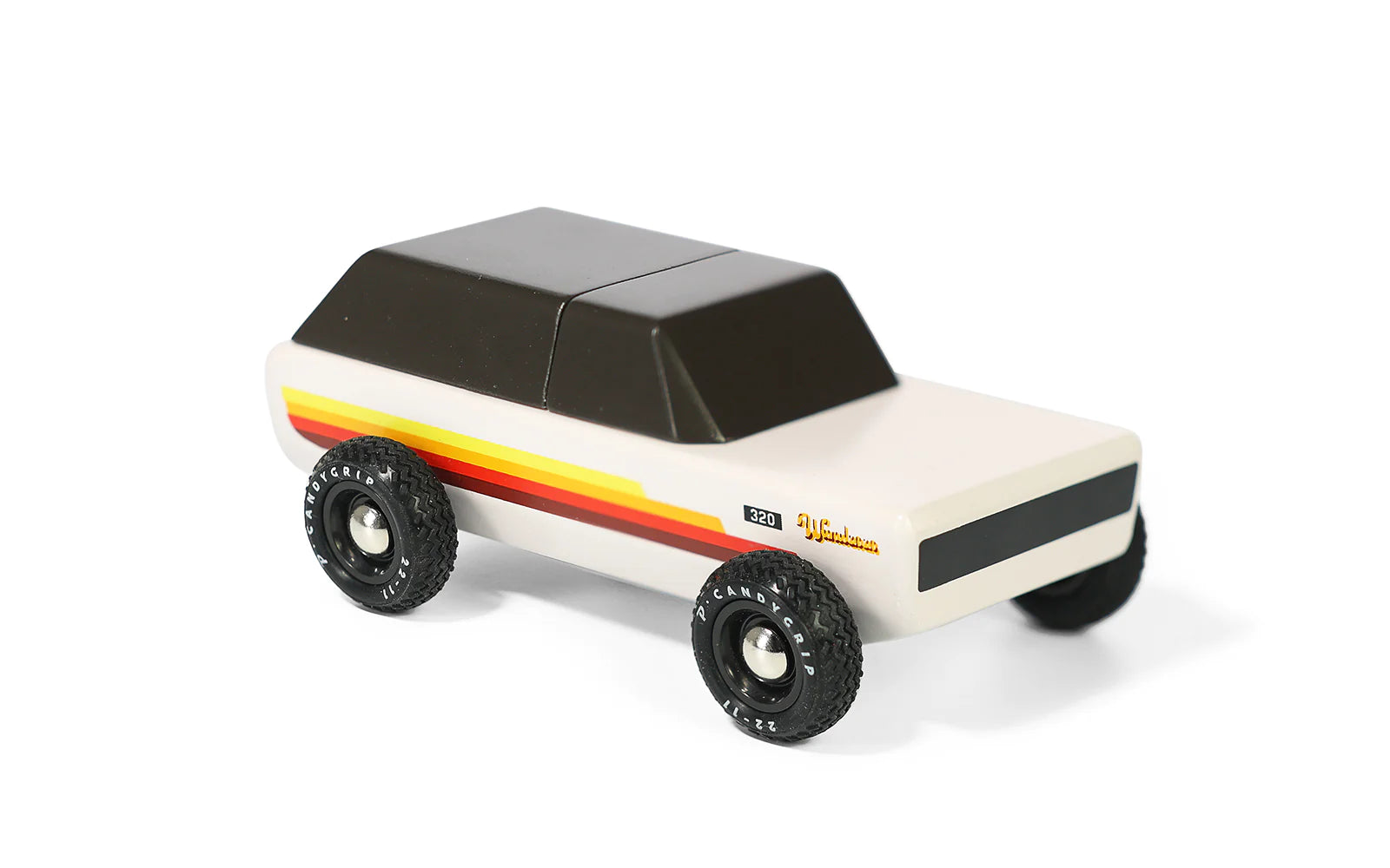 Candylab Toys Wanderer Toy Truck, cream wooden SUV with retro stripes, front angled view