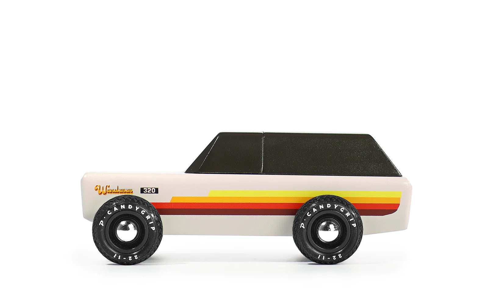 Candylab Toys Wanderer Toy Truck, a cream and black wooden SUV with red and yellow stripes, side view