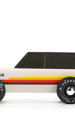 Candylab Toys Wanderer Toy Truck, a cream and black wooden SUV with red and yellow stripes, side view