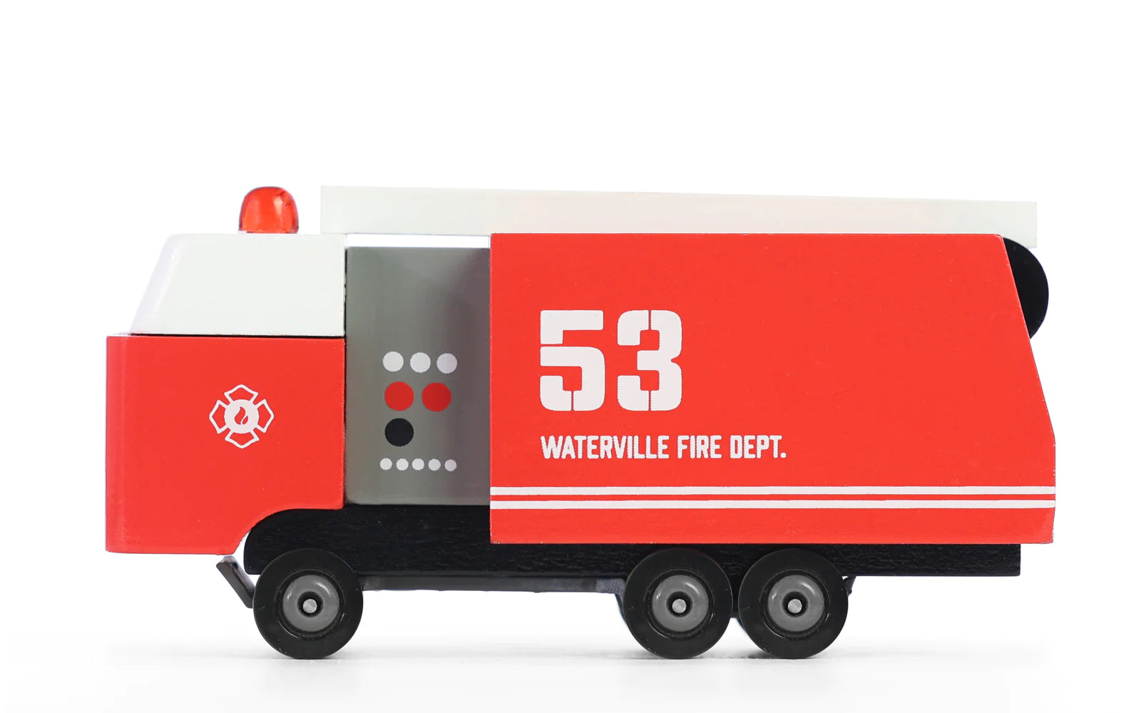 Candylab Toys Wooden Fire Truck, a red wooden Waterville Fire Dept truck numbered 53, side view