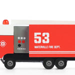 Candylab Toys Wooden Fire Truck, a red wooden Waterville Fire Dept truck numbered 53, side view