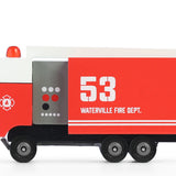 Candylab Toys Wooden Fire Truck, a red wooden Waterville Fire Dept truck numbered 53, side view