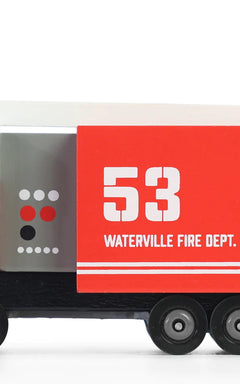Candylab Toys Wooden Fire Truck, a red wooden Waterville Fire Dept truck numbered 53, side view