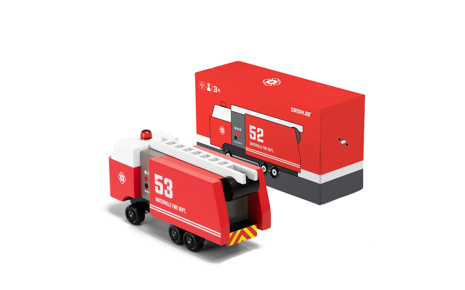 Candylab Toys Wooden Fire Truck 53 beside its red retail box