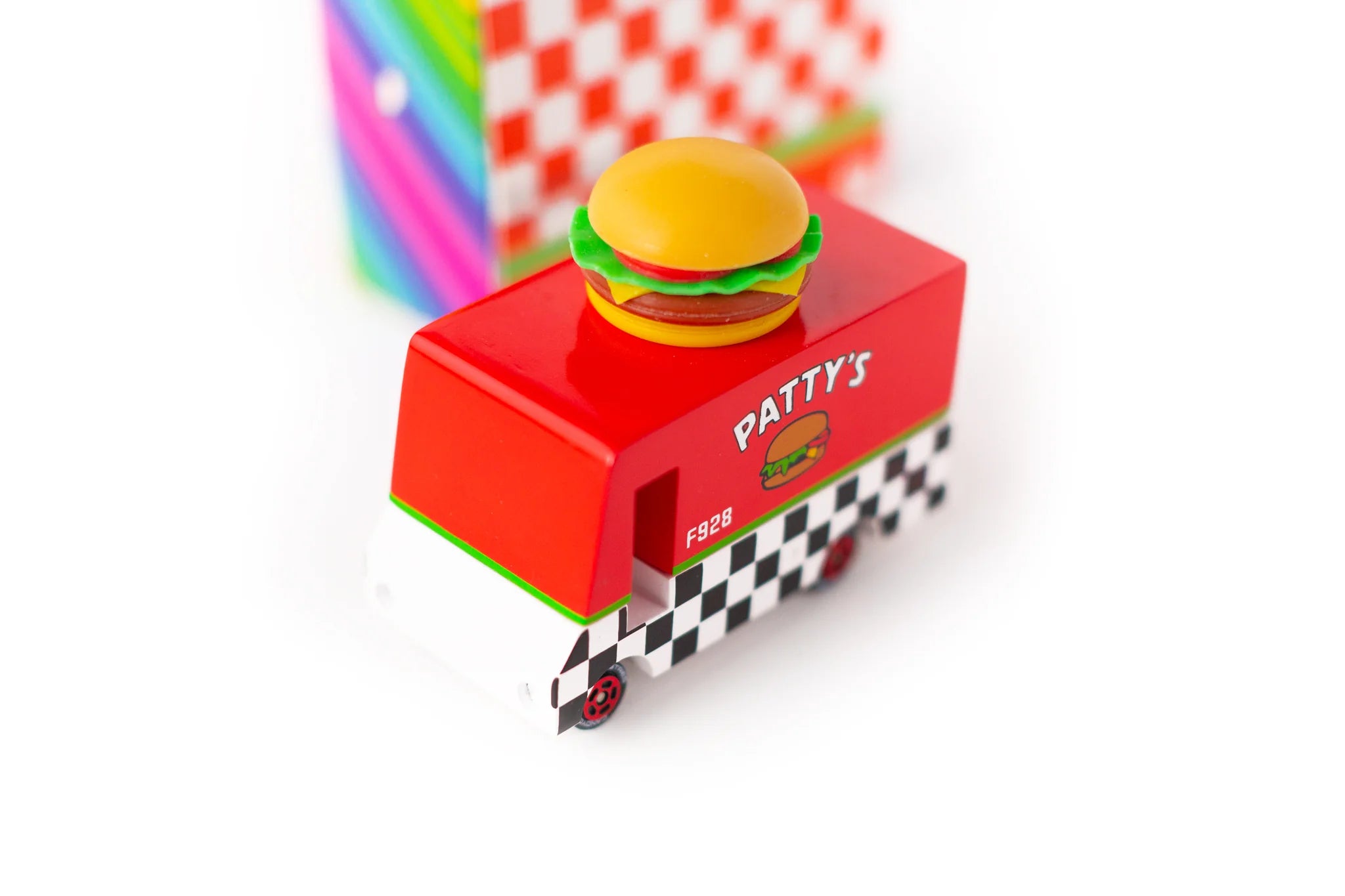 Candylab Toys Wooden Hamburger Van, red Patty's food truck with a burger on top, angled view
