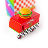 Candylab Toys Wooden Hamburger Van, red Patty's food truck with a burger on top, angled view
