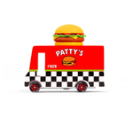 Candylab Toys Wooden Hamburger Van, a red Patty's food truck with a burger on top and checkered stripe, side view