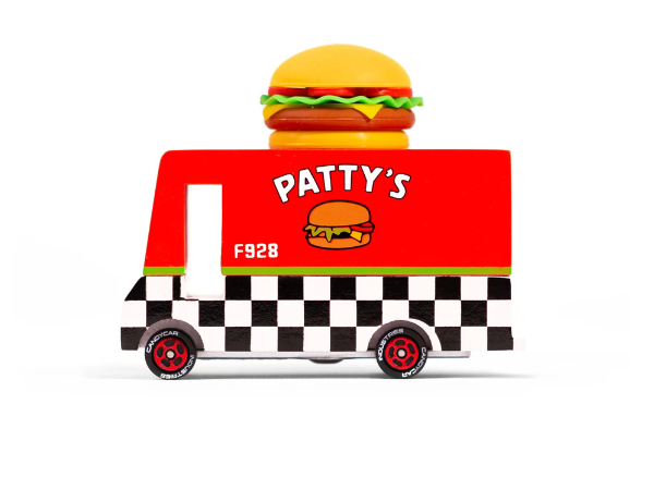 Candylab Toys Wooden Hamburger Van, a red Patty's food truck with a burger on top and checkered stripe, side view