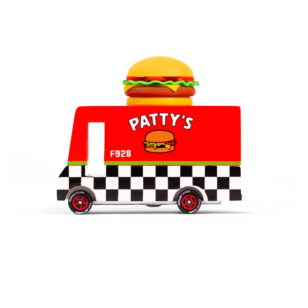 Candylab Toys Wooden Hamburger Van, a red Patty's food truck with a burger on top and checkered stripe, side view