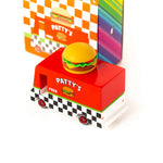 Candylab Toys Wooden Hamburger Van beside its rainbow retail box