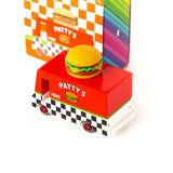 Candylab Toys Wooden Hamburger Van beside its rainbow retail box