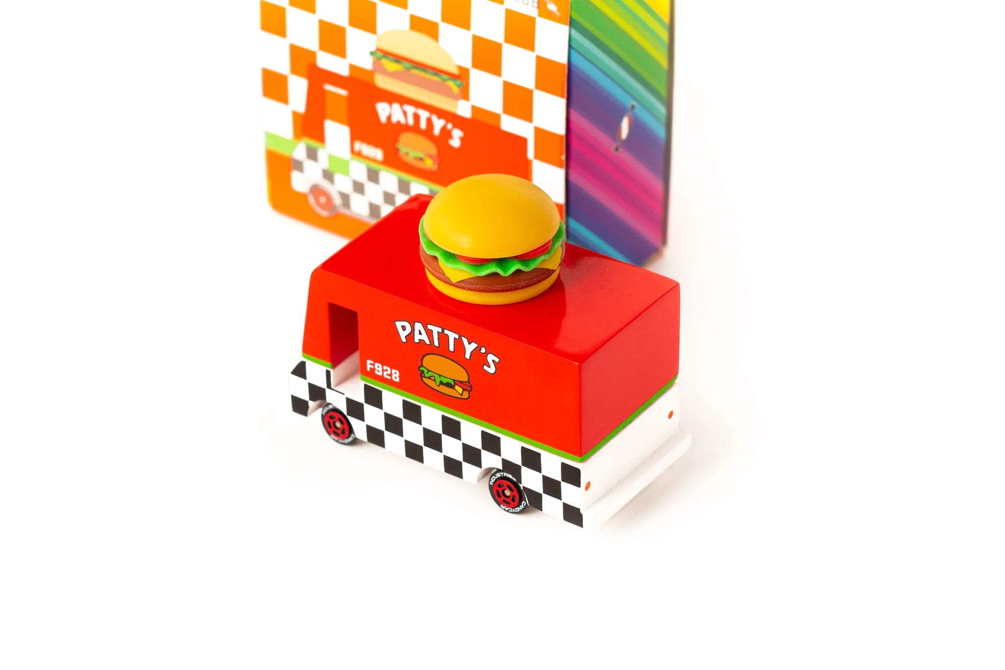 Candylab Toys Wooden Hamburger Van beside its rainbow retail box