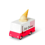 Candylab Toys Wooden Ice Cream Van, red and white Soft Swerve van, front angled view