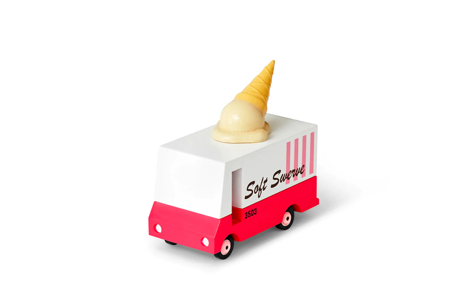 Candylab Toys Wooden Ice Cream Van, red and white Soft Swerve van, front angled view