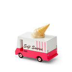 Candylab Toys Wooden Ice Cream Van, red and white Soft Swerve van, rear angled view