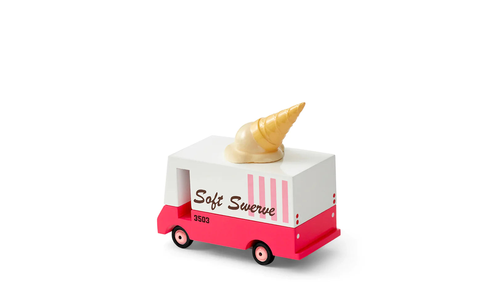 Candylab Toys Wooden Ice Cream Van, red and white Soft Swerve van, rear angled view