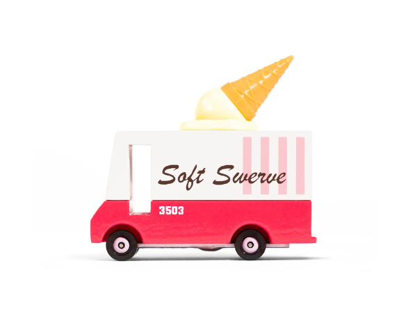 Candylab Toys Wooden Ice Cream Van, a red and white Soft Swerve van with an ice cream cone on top, side view