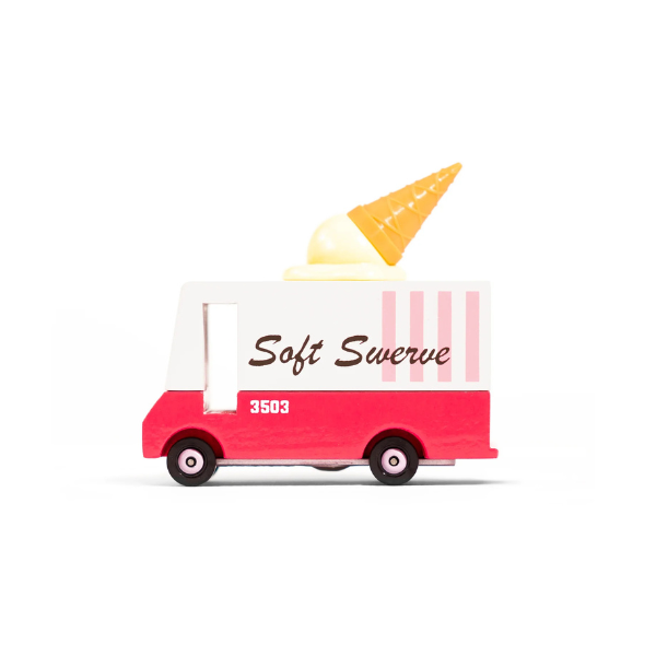 Candylab Toys Wooden Ice Cream Van, a red and white Soft Swerve van with an ice cream cone on top, side view