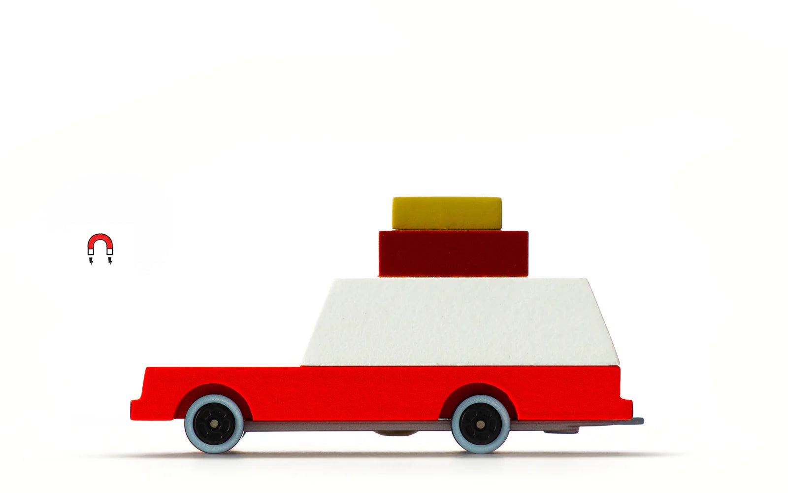 Candylab Toys Wooden Luggage Wagon, a red and white wooden station wagon with stacked luggage on the roof, side view