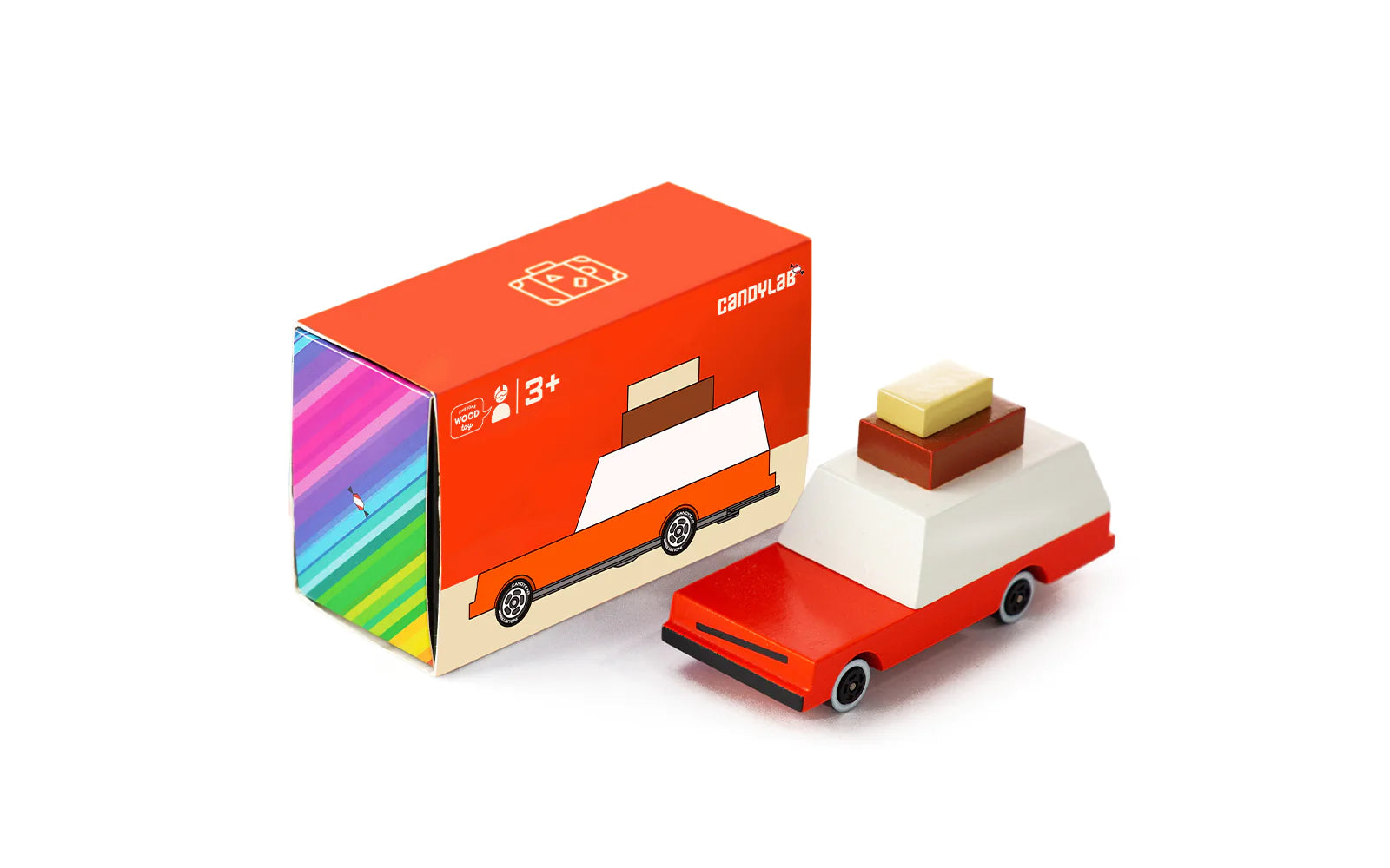 Candylab Toys Wooden Luggage Wagon beside its red retail box