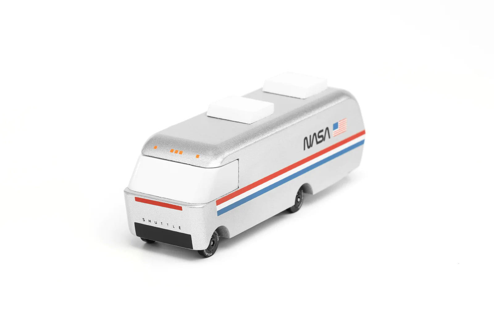 Candylab Toys Wooden NASA Astrovan, silver wooden van, front angled view
