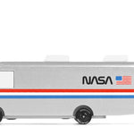 Candylab Toys Wooden NASA Astrovan, a silver wooden van with NASA logo and red and blue stripes, side view