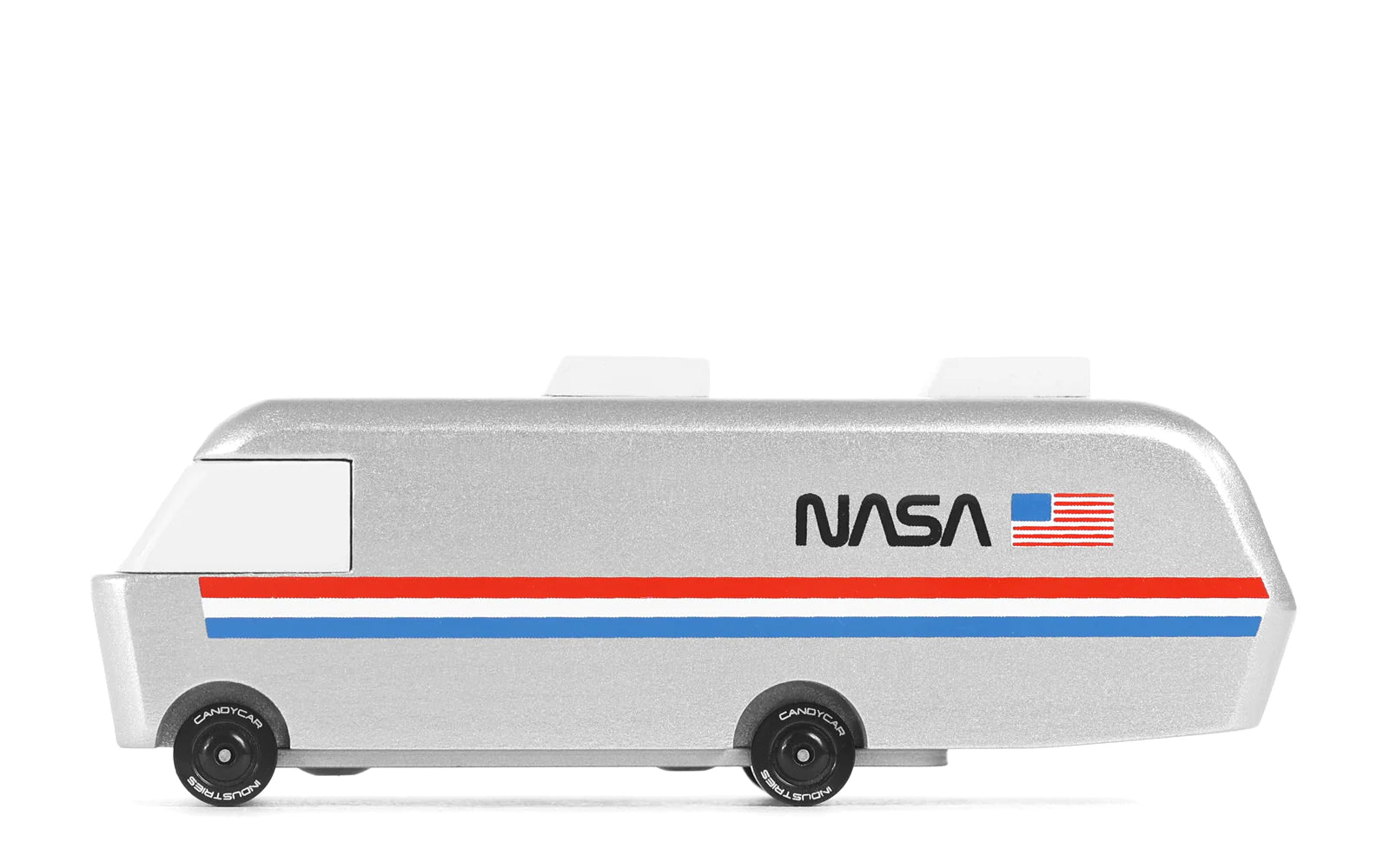 Candylab Toys Wooden NASA Astrovan, a silver wooden van with NASA logo and red and blue stripes, side view