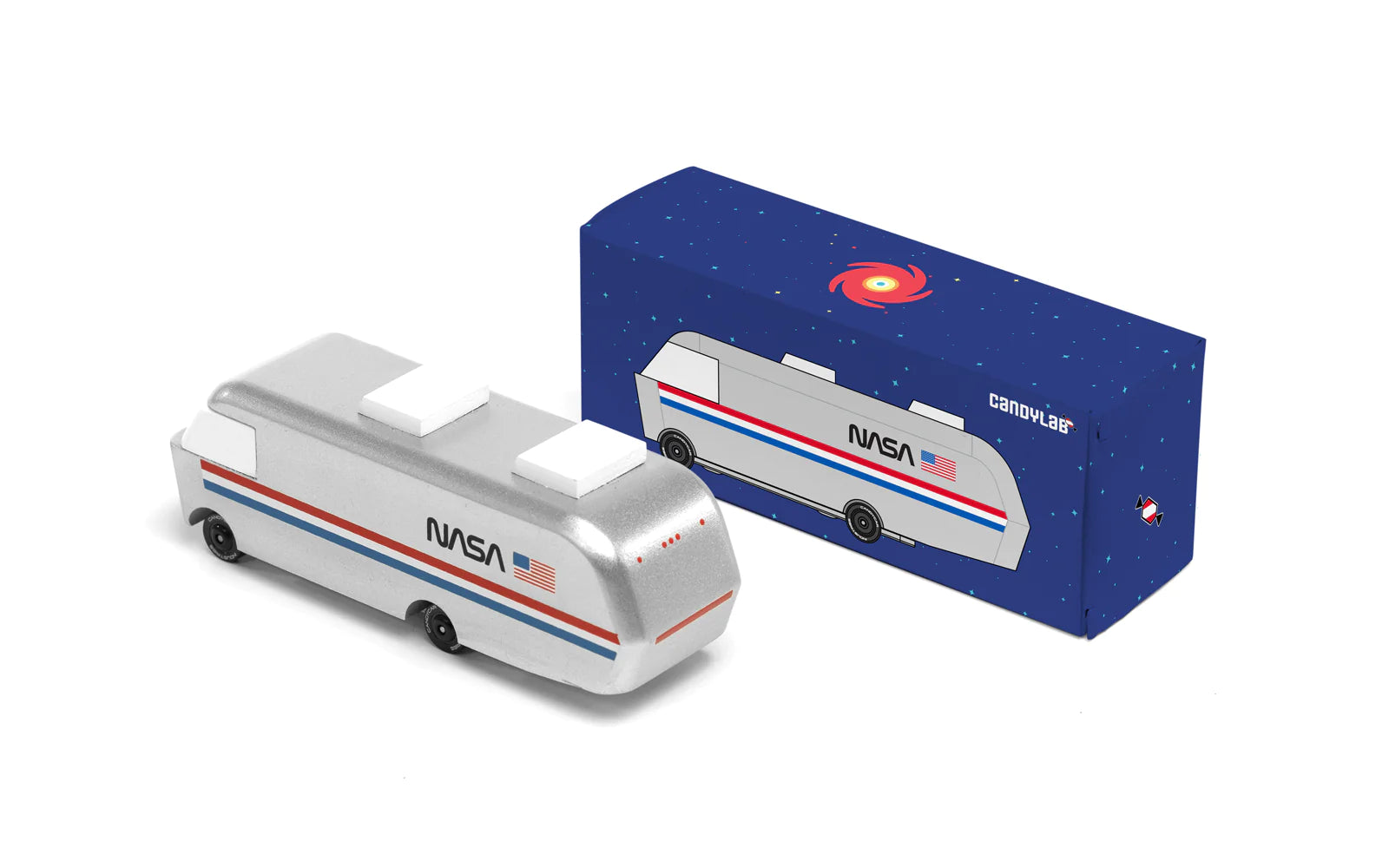 Candylab Toys Wooden NASA Astrovan beside its navy galaxy retail box