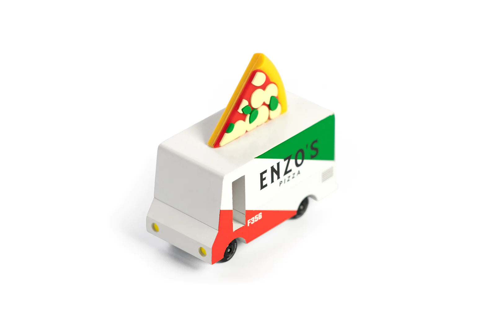 Candylab Toys Wooden Pizza Van, Enzo's Pizza van with a pizza slice on top, angled view