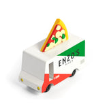Candylab Toys Wooden Pizza Van, Enzo's Pizza van with a pizza slice on top, angled view