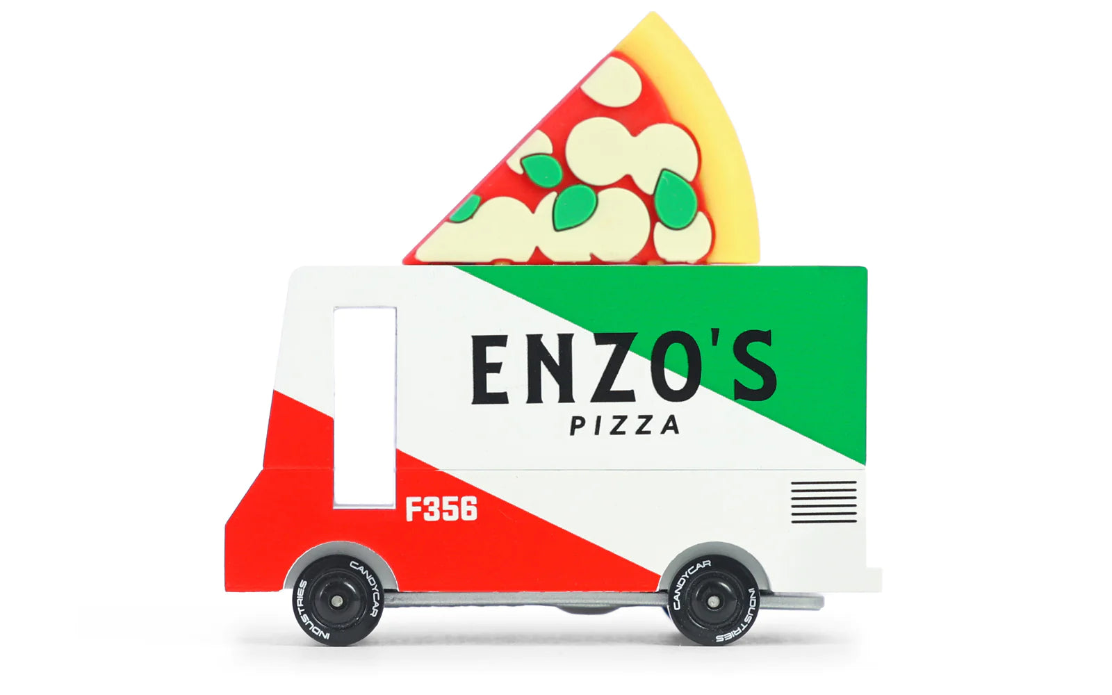 Candylab Toys Wooden Pizza Van, a white and green Enzo's Pizza van with a pizza slice on top, side view