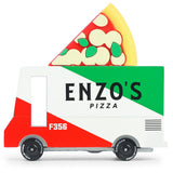 Candylab Toys Wooden Pizza Van, a white and green Enzo's Pizza van with a pizza slice on top, side view