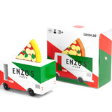 Candylab Toys Wooden Pizza Van beside its red, white and green retail box