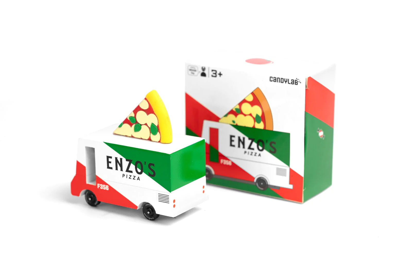 Candylab Toys Wooden Pizza Van beside its red, white and green retail box