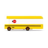 Candylab Toys Wooden School Bus, a yellow wooden bus with a stop sign, side view