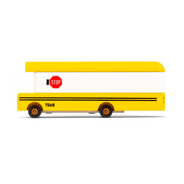 Candylab Toys Wooden School Bus, a yellow wooden bus with a stop sign, side view