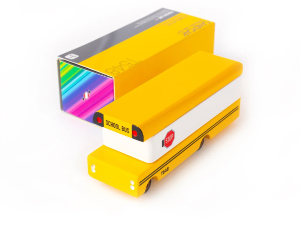 Candylab Toys Wooden School Bus beside its rainbow Candycar retail box
